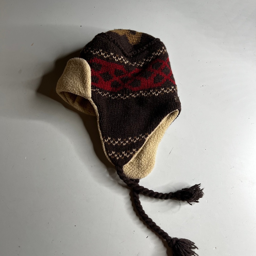REI Knit Trapper Hat Brown Red Fair Isle Fleece Lined Ear Flap Beanie Tassels